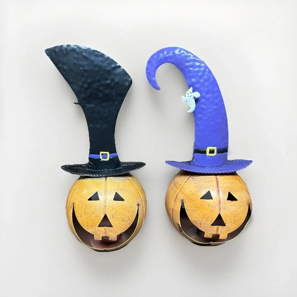 Set of 2 Halloween Metal Pumpkin Lanterns – Witch Hats w/ Bat & Ghosts 15”
